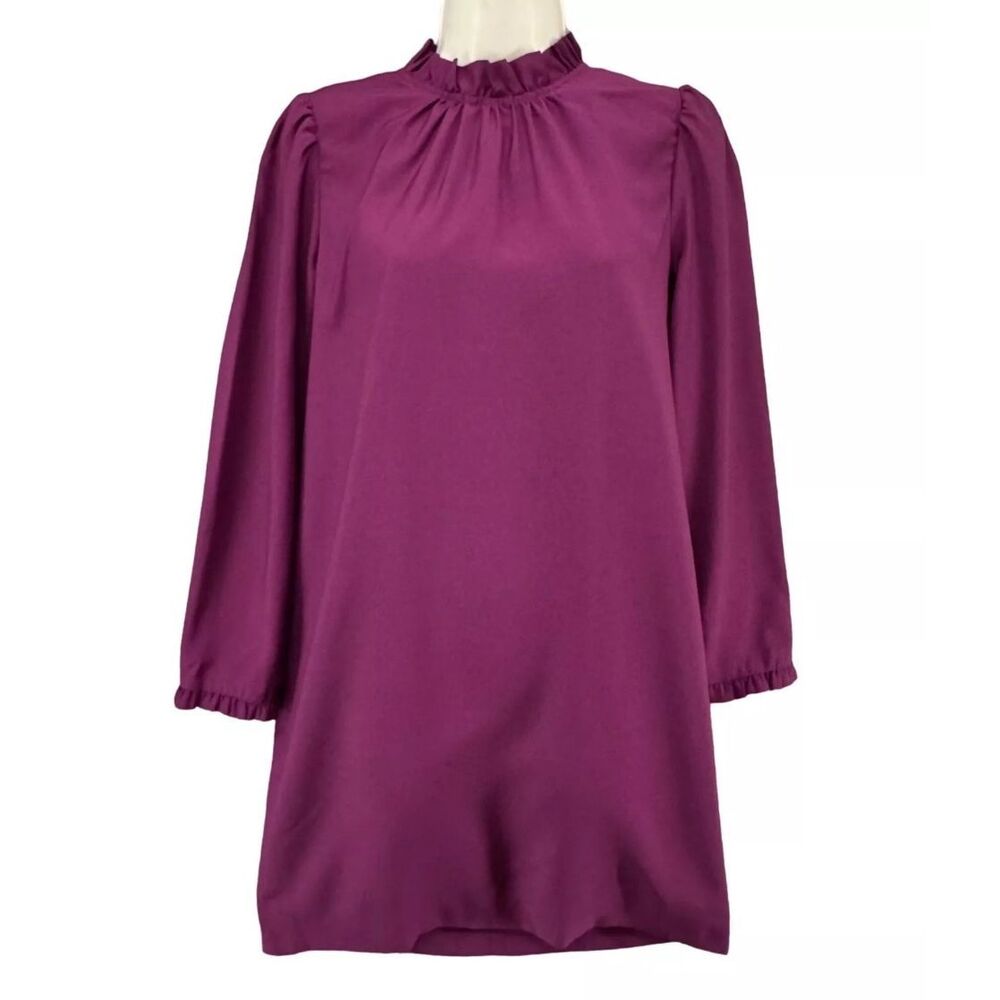 J.‎ CREW Ruffleneck Mini Shift Dress Purple Plum Long Sleeve Lined Size 10